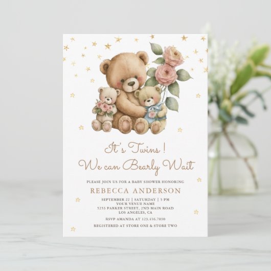 Schattige Twins Mama en Baby Teddy Bears Baby show Kaart (Staand voorkant)