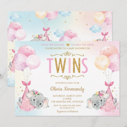Schattige Twins Meisjes Olifant Baby shower Sprink Kaart (Voorkant / Achterkant)