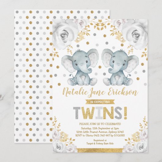 Schattige Twins Olifant Baby shower Alabaster Flor Kaart (Voorkant / Achterkant)