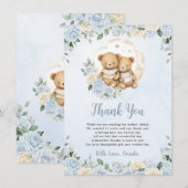 Schattige Twins Teddy Bears Blue Floral Boy Baby s Bedankkaart (Voorkant / Achterkant)