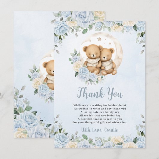 Schattige Twins Teddy Bears Blue Floral Boy Baby s Bedankkaart (Voorkant / Achterkant)