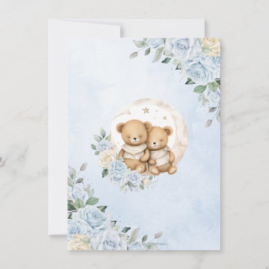 Schattige Twins Teddy Bears Blue Floral Boy Baby s Bedankkaart (Achterkant)