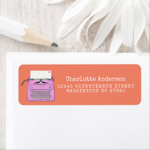 Schattige typemachine in roze en oranje retouradre etiket