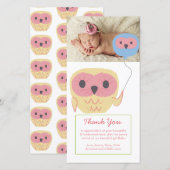 Schattige Uil Baby Meisje Dank u Fotosjabloon Bedankkaart (Voorkant / Achterkant)