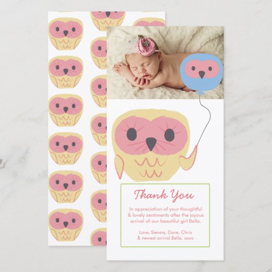 Schattige Uil Baby Meisje Dank u Fotosjabloon Bedankkaart (Voorkant / Achterkant)