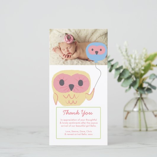 Schattige Uil Baby Meisje Dank u Fotosjabloon Bedankkaart (Staand voorkant)