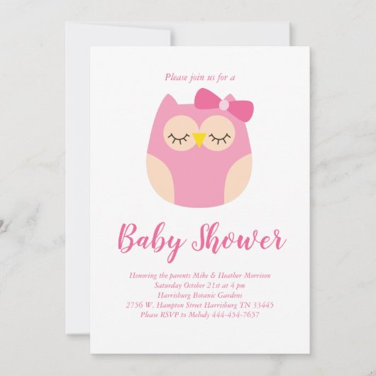 Schattige Uil Baby shower Roze Vogelmeisje Kaart (Voorkant)