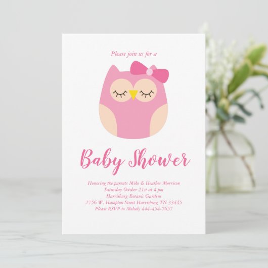 Schattige Uil Baby shower Roze Vogelmeisje Kaart (Staand voorkant)