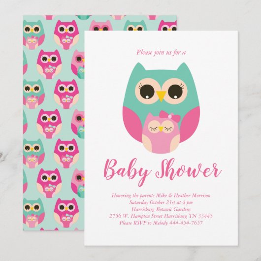 Schattige Uil Baby shower Roze Vogelmeisje Kaart (Voorkant / Achterkant)