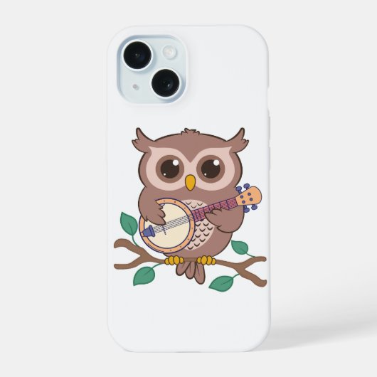 Schattige Uil Bird Spelen Banjo Cartoon iPhone 15 Case (Achterkant)