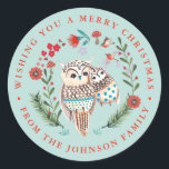 Schattige Uil Christmas Holiday Name blauw Ronde Sticker<br><div class="desc">Schattigee handbeschilderde uilen met bloemetjes en vogeltjes op een blauwe achtergrond. Origineel kunstwerk van Caroline Bonne Müller</div>