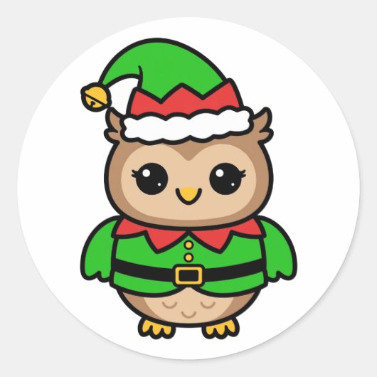 Schattige Uil Elf Kerstmis Ronde Sticker (Voorkant)