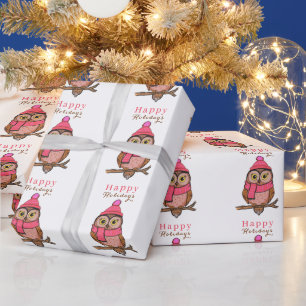 Schattige Uil Fijne Feestdagen Roze Trendy Kerstmi Cadeaupapier
