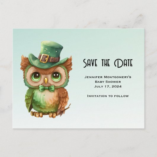 Schattige Uil in een Groene Top Hoed Sla de Datum Uitnodiging Briefkaart (Voorkant)
