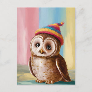 Schattige Uil in Kleurrijke Beanie Briefkaart