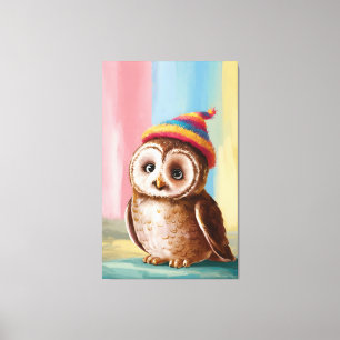 Schattige Uil in Kleurrijke Beanie Canvas Afdruk