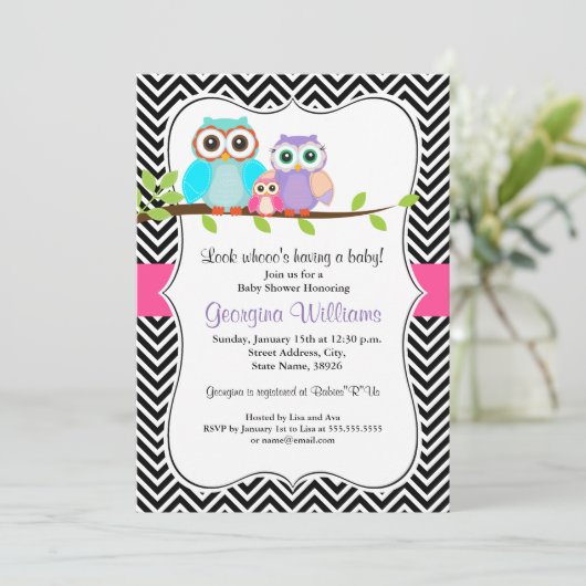 Schattige Uil Meisje Baby shower Uitnodigen Kaart (Staand voorkant)