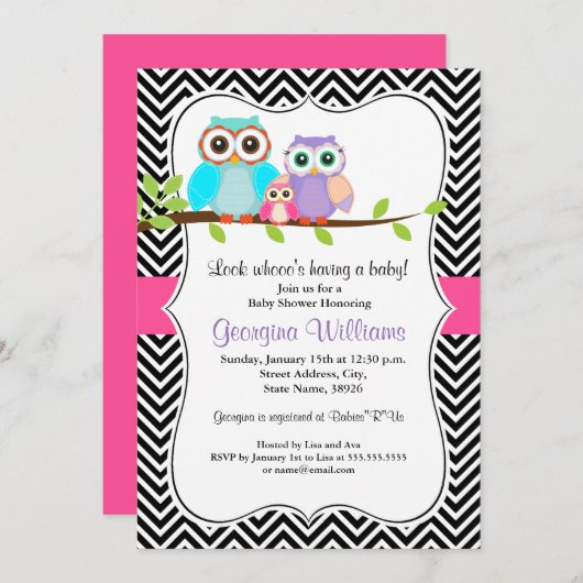 Schattige Uil Meisje Baby shower Uitnodigen Kaart (Voorkant / Achterkant)
