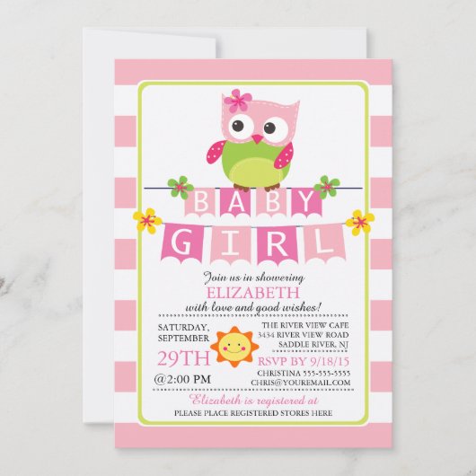 Schattige Uil Meisje Baby shower Uitnodiging (Voorkant)