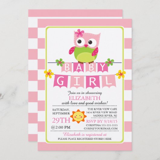 Schattige Uil Meisje Baby shower Uitnodiging (Voorkant / Achterkant)