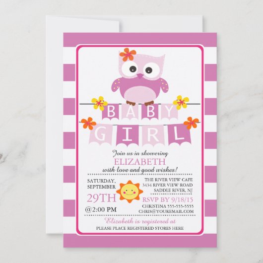 Schattige Uil Meisje Baby shower Uitnodiging (Voorkant)