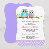 Schattige Uil Meisje Baby shower Uitnodiging Paars (Voorkant / Achterkant)