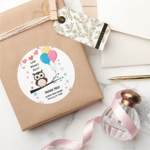 Schattige uil met ballonnen en harten Baby shower Ronde Sticker