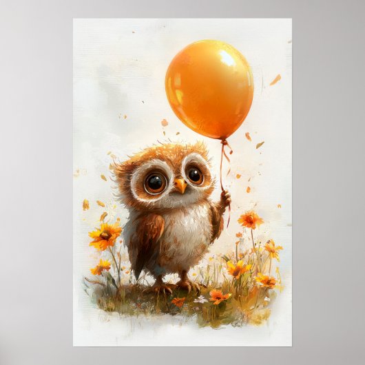 Schattige uil met Oranje ballon - grillige Autum Poster (Voorkant)