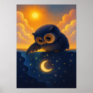 Schattige uil met zon en maan fantasie nachtelijke poster