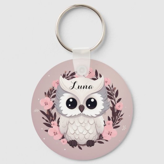 Schattige Uil Ontwerp in Roze Gepersonaliseerd Sleutelhanger (Voorkant)