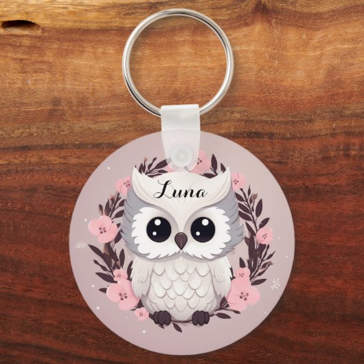 Schattige Uil Ontwerp in Roze Gepersonaliseerd Sleutelhanger (Voorkant)