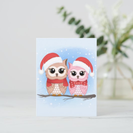 Schattige uil paar in Waterverf stijl Feestdagenkaart (Staand voorkant)