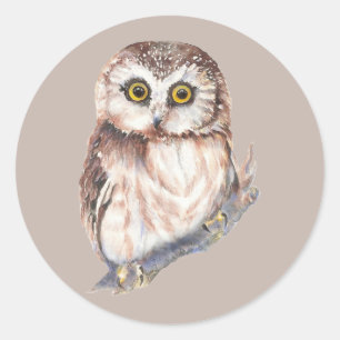 Schattige Uil, Waterverf Vogel Natuur, Ronde Sticker