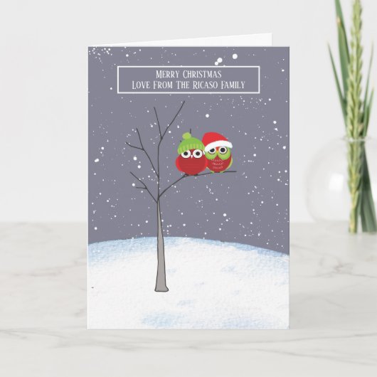 Schattige uilen in kerstboom gepersonaliseerd kaart (Voorkant)