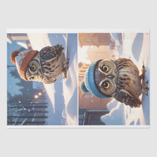 Schattige uilen in wintersneeuw - Decoupage - Tissuepapier (Voorkant)