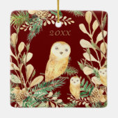 Schattige uilen Rode dennen Watercolor Kerstjaar Keramisch Ornament (Achterkant)