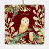 Schattige uilen Rode dennen Watercolor Kerstjaar Keramisch Ornament (Voorkant)