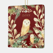 Schattige uilen Rode dennen Waterverf Kerst Jaar Keramisch Ornament (Links)