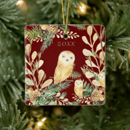 Schattige uilen Rode dennen waterverf Kerstjaar Keramisch Ornament
