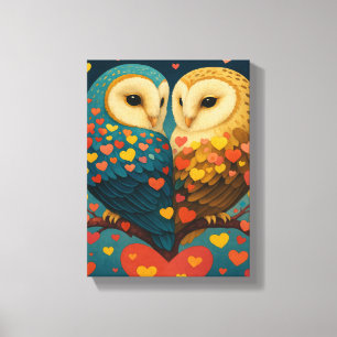Schattige uilenpaar met harten Romantische illustr Canvas Afdruk