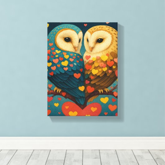 Schattige uilenpaar met harten Romantische illustr Canvas Afdruk (Insitu (Houten vloer))