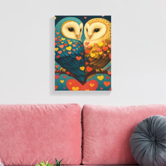 Schattige uilenpaar met harten Romantische illustr Canvas Afdruk (Insitu (Woonkamer))