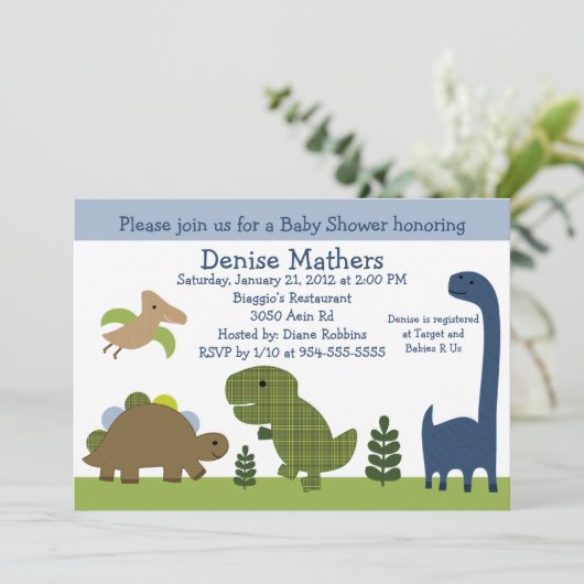 Schattige uitnodiging Dinosaur/Dino Baby shower (Staand voorkant)