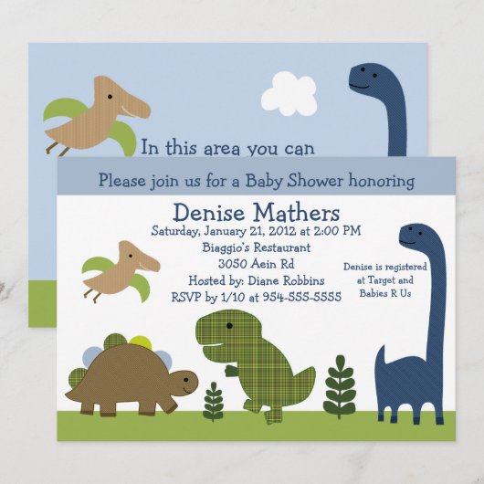 Schattige uitnodiging Dinosaur/Dino Baby shower (Voorkant / Achterkant)