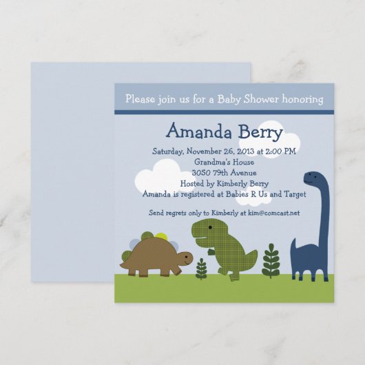 Schattige uitnodiging Dinosaur/Dino Baby shower (Voorkant / Achterkant)