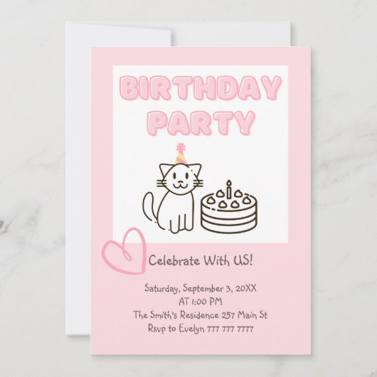 Schattige uitnodiging voor Cat&Cake Birthday (Voorkant)
