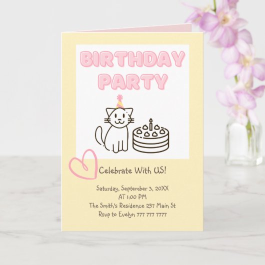 Schattige uitnodiging voor Cat&Cake Birthday (Orchidee)