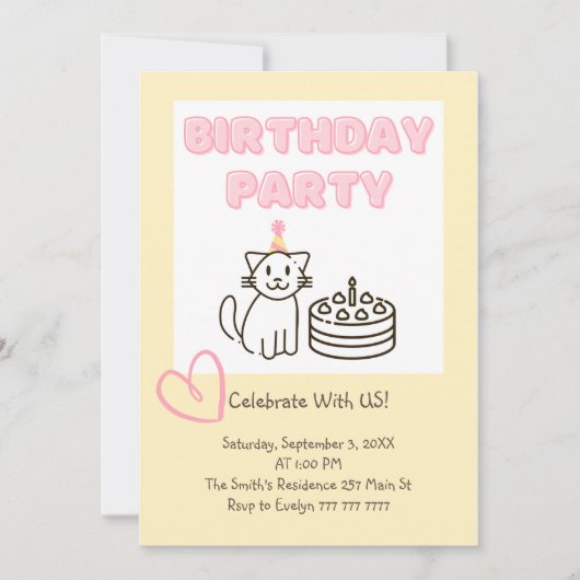 Schattige uitnodiging voor Cat&Cake Birthday (Voorkant)