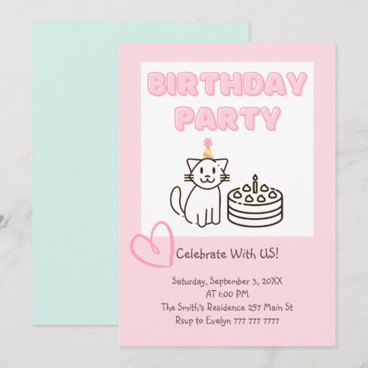 Schattige uitnodiging voor Cat&Cake Birthday (Voorkant / Achterkant)