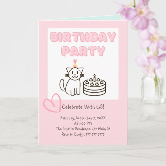Schattige uitnodiging voor Cat&Cake Birthday (Orchidee)